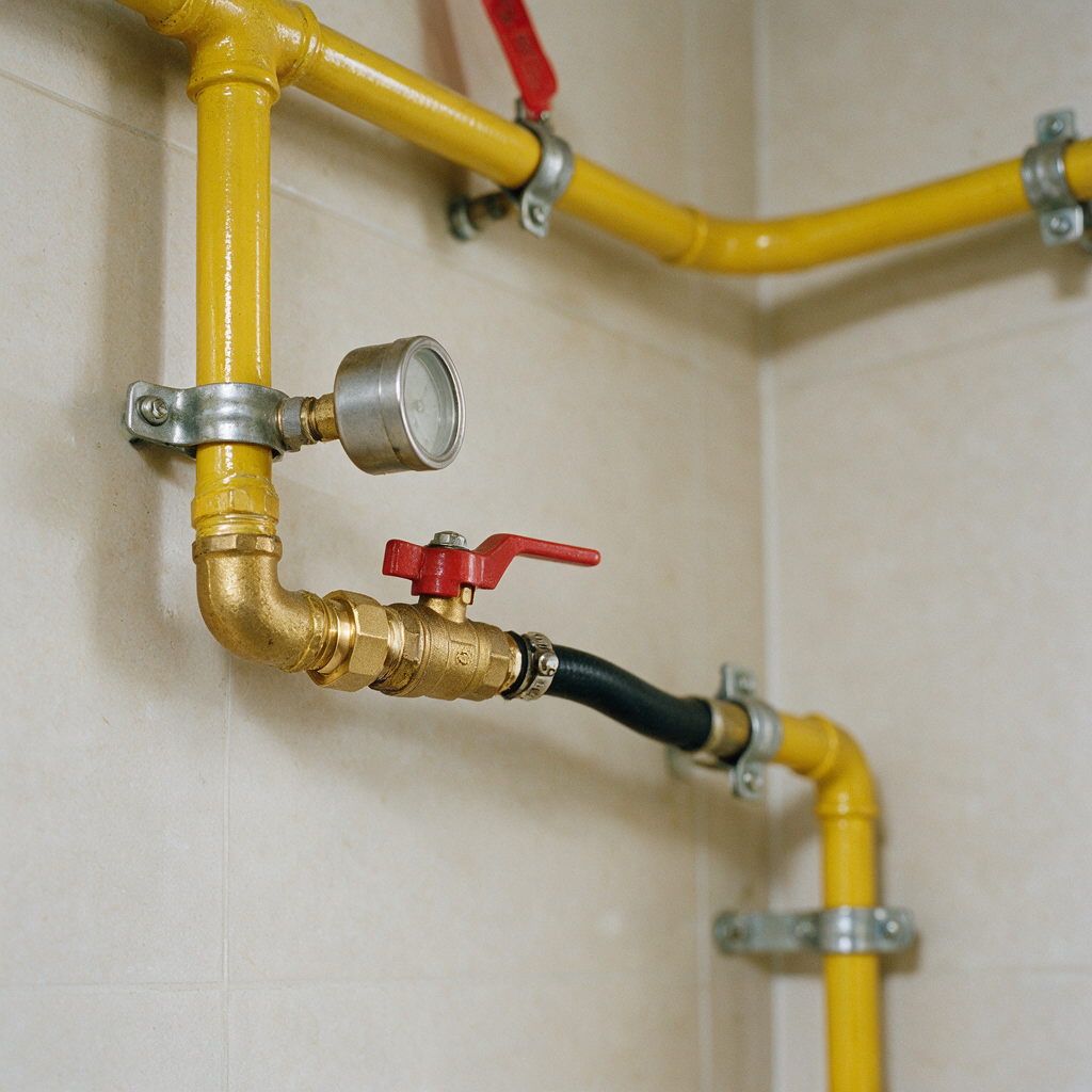 Gasleitung mit Kugelhahn und Prüfmanometer an einer Wand
