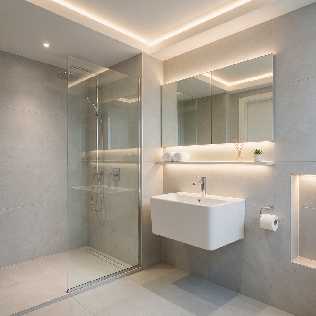 Modern saniertes Badezimmer mit bodengleicher Dusche und Waschtisch
